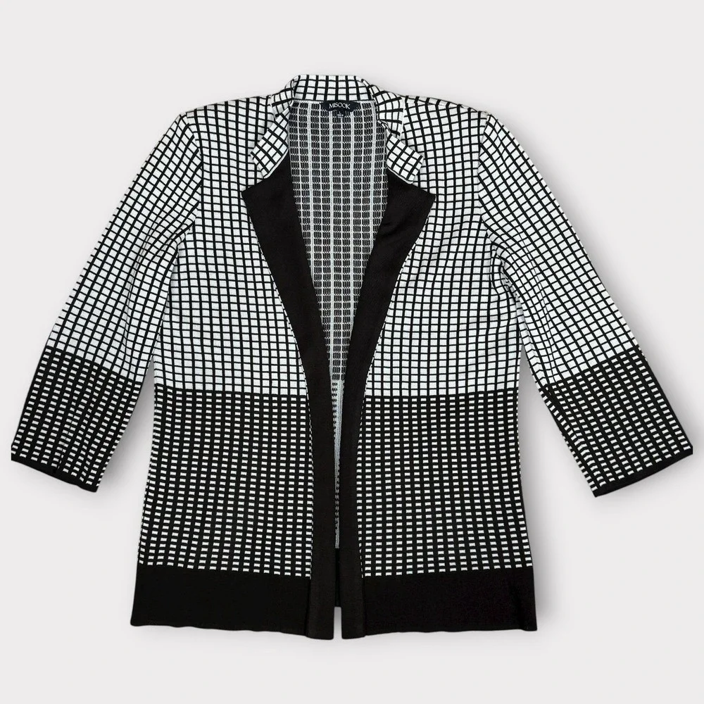 MISOOK Heritage Knit Open Front Jacket Blazer Black White Checkered Womens Large - Picture 2 of 10